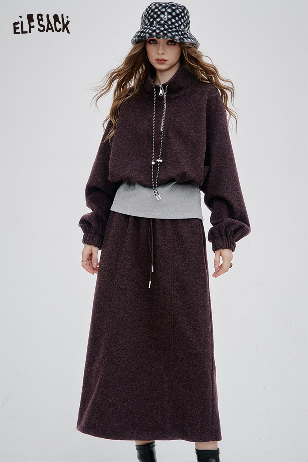 ELFSACK Soft Long Sleeve Set Solid Color Hoodie Skirt