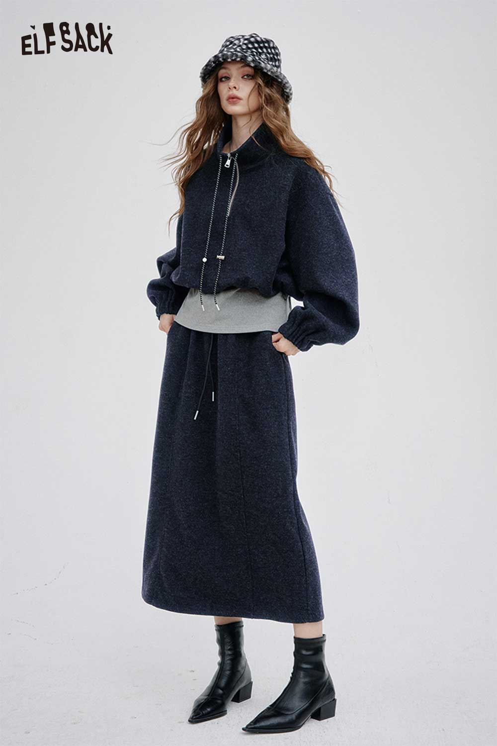 ELFSACK Soft Long Sleeve Set Solid Color Hoodie Skirt
