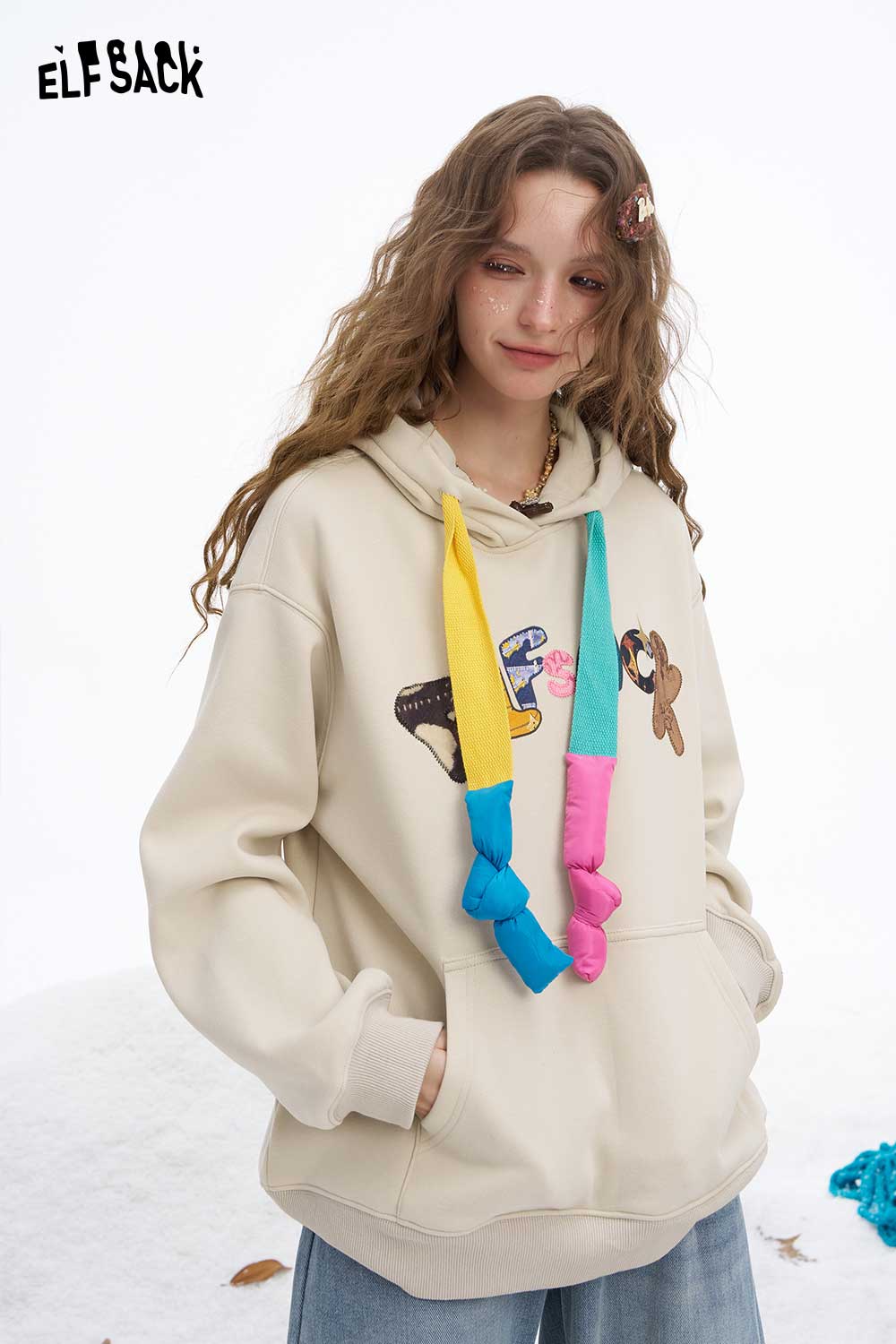 ELFSACK Soft Loose Solid Letter Graphic Color Drawstring Hooded Sweatshirt