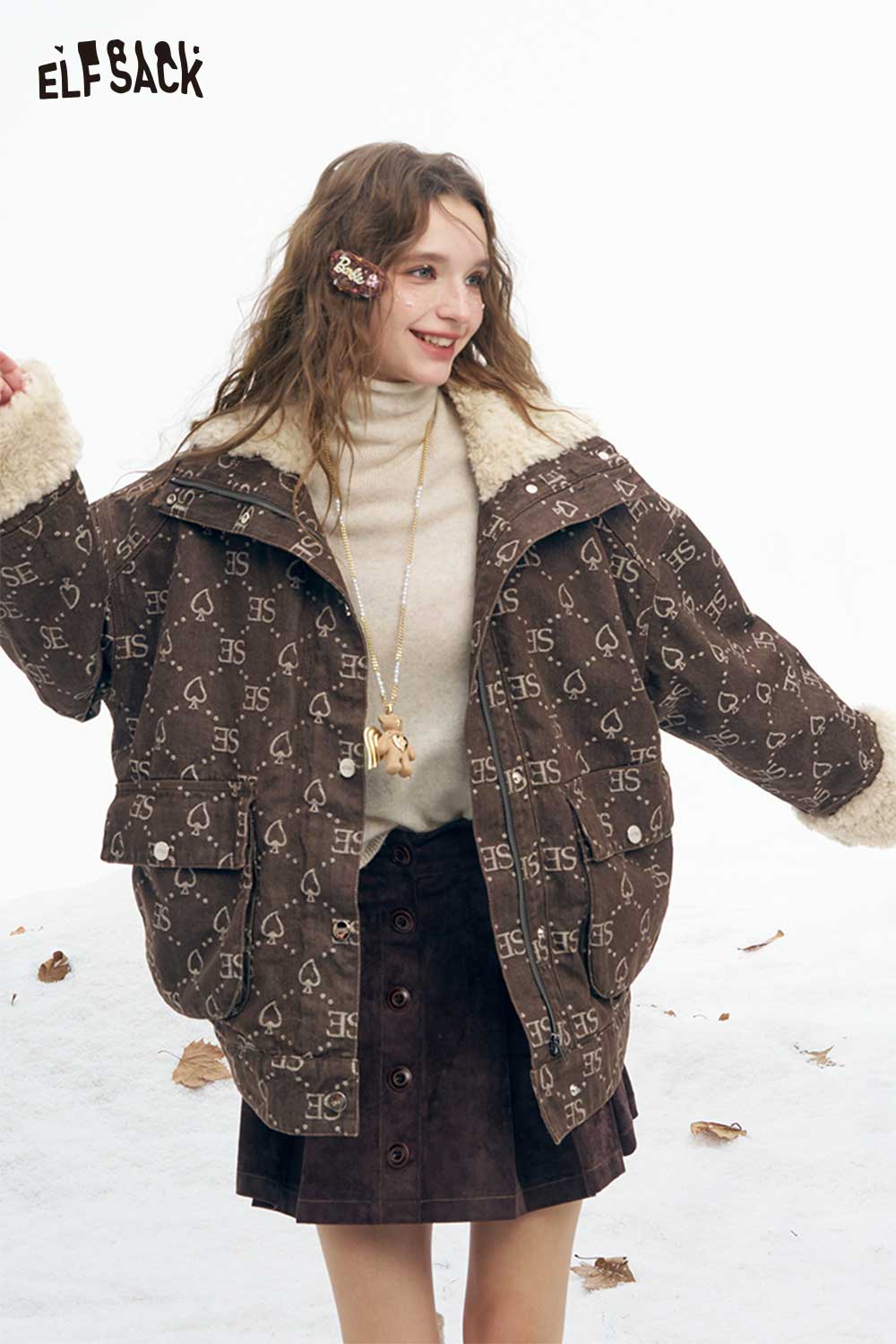 ELFSACK Soft Full Printing Letter Graphic Plush Lapel Plush Cuff Coat