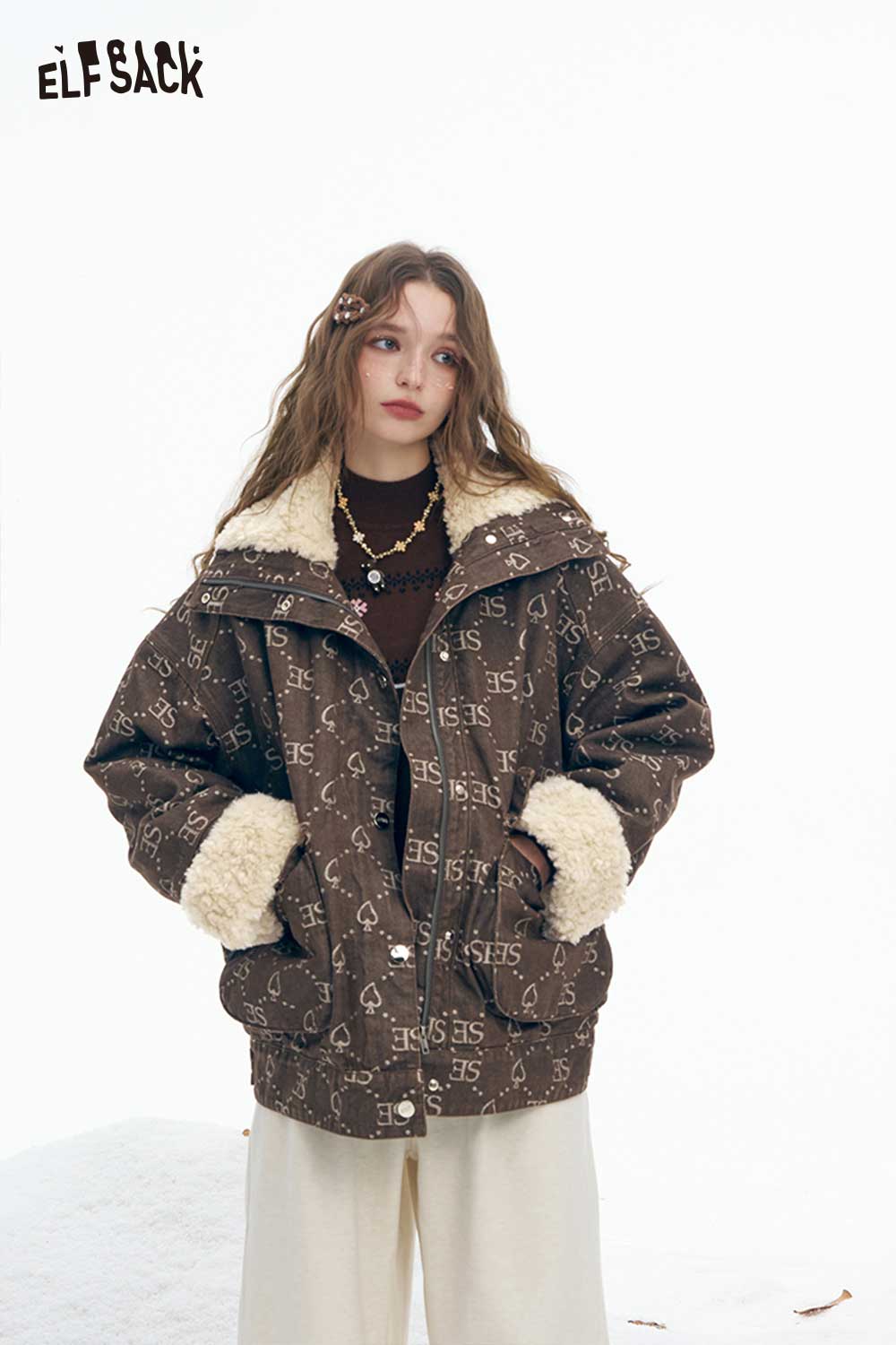 ELFSACK Soft Full Printing Letter Graphic Plush Lapel Plush Cuff Coat