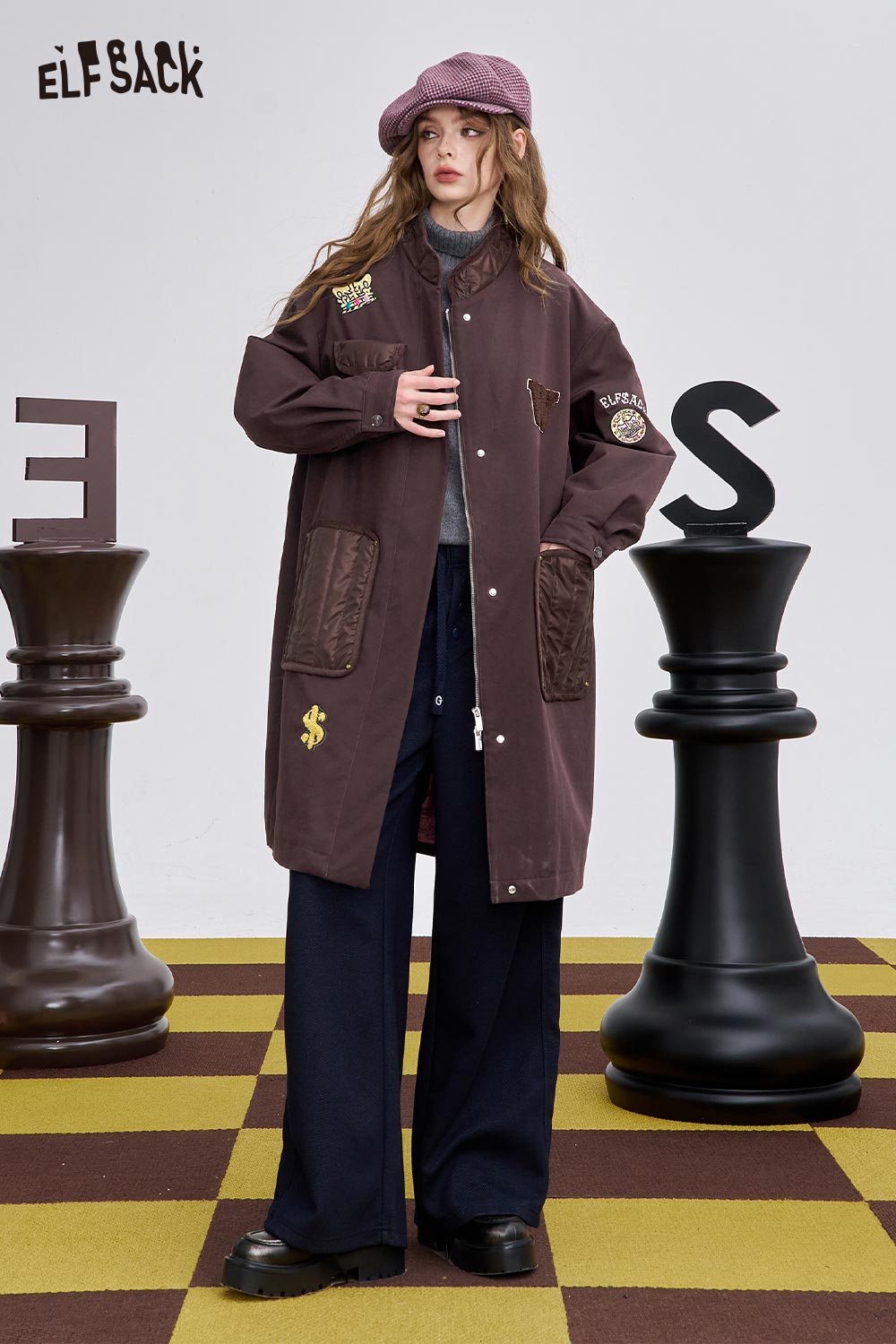 ELFSACK Soft Round Neck Long Cotton Coat