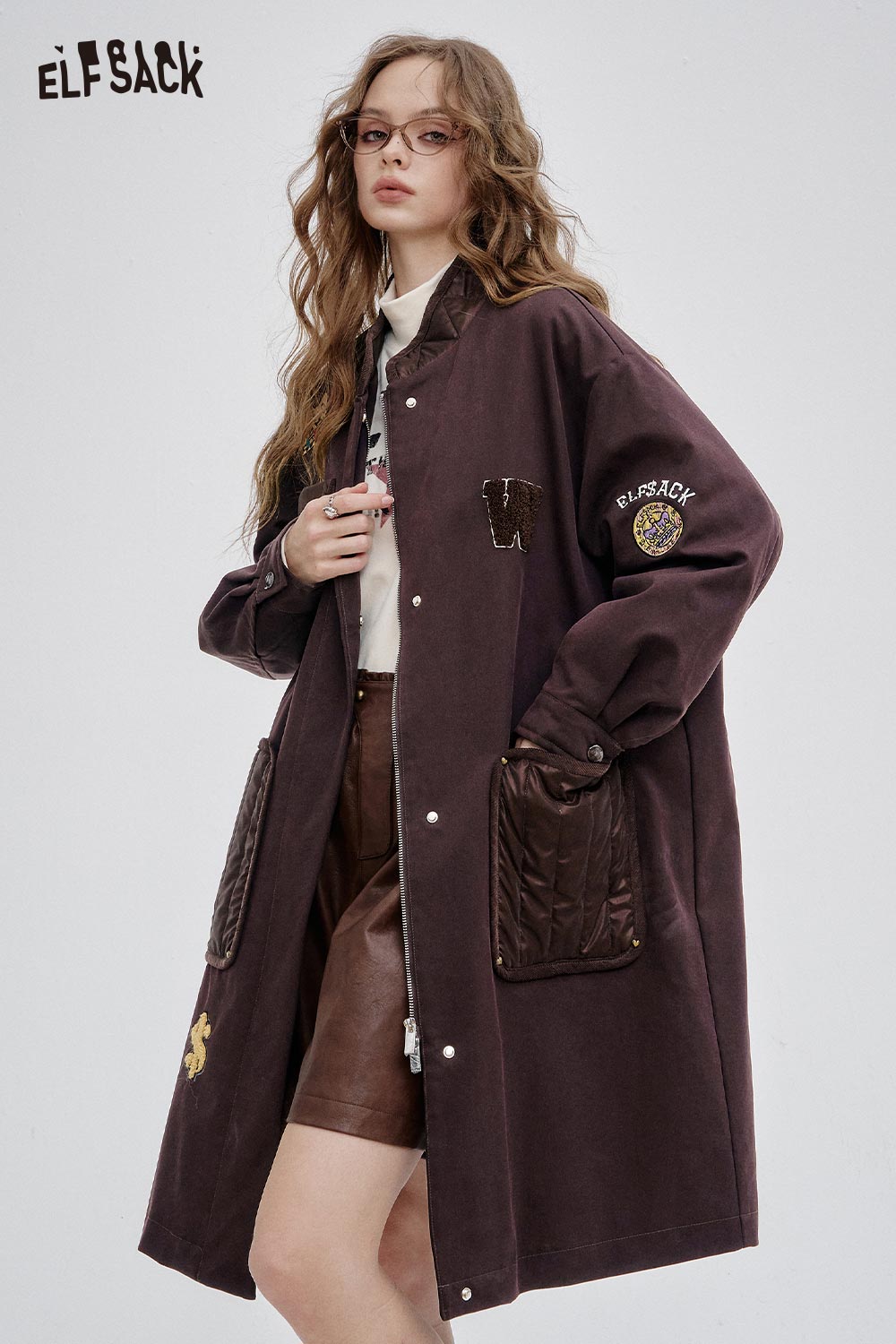 ELFSACK Soft Round Neck Long Cotton Coat