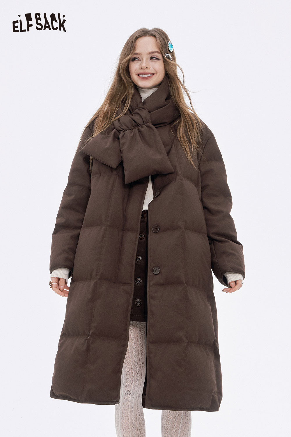 ELFSACK Soft Loose Knit Scarf Solid Long Down Coat