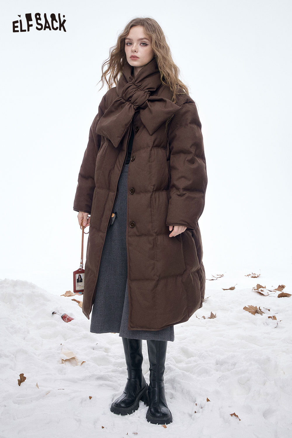 ELFSACK Soft Loose Knit Scarf Solid Long Down Coat