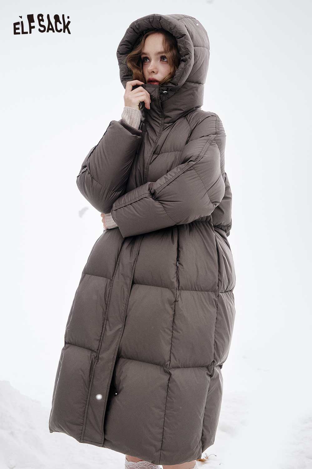 ELFSACK Soft Long Hooded High Neck Down Coat