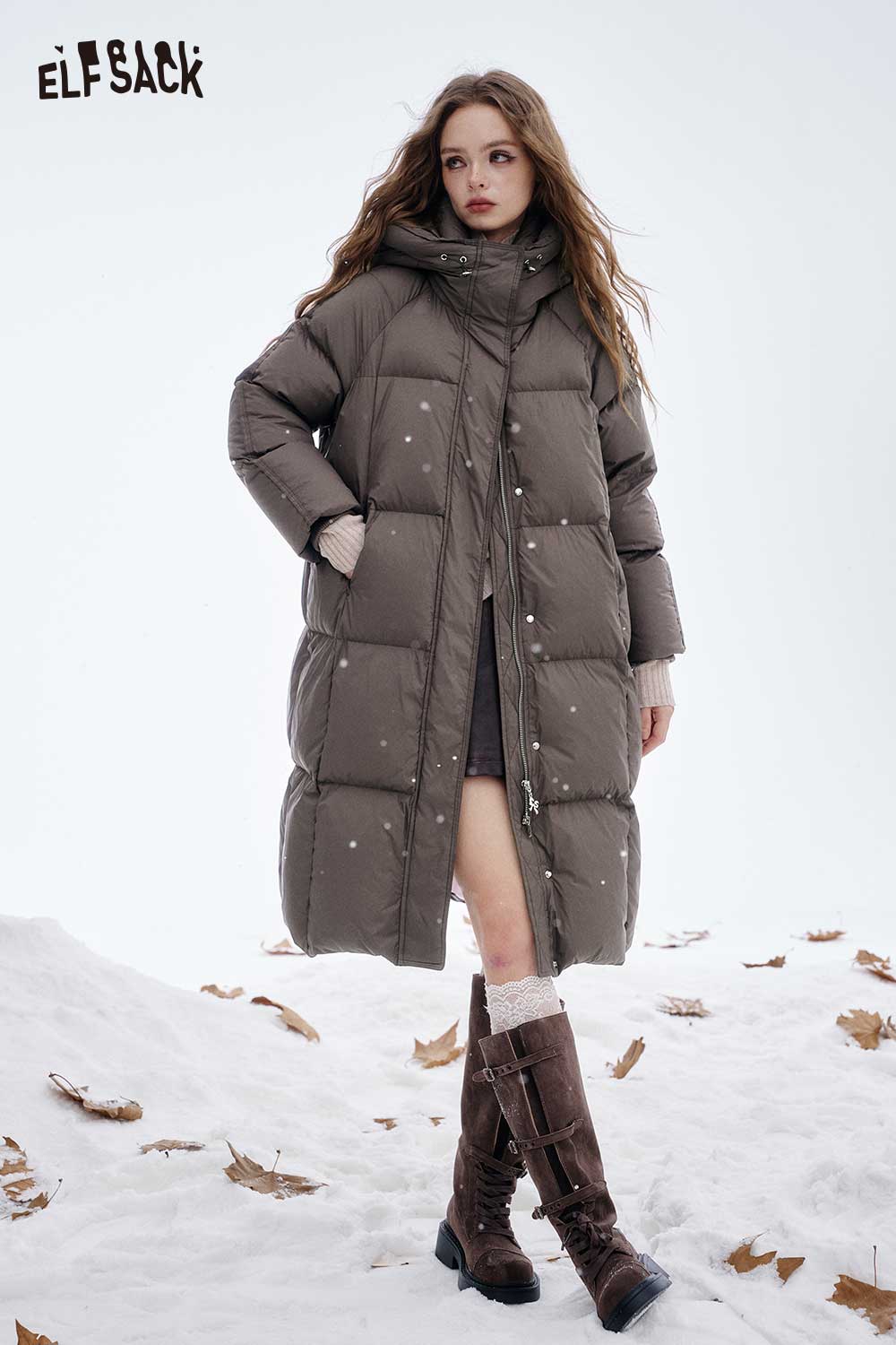 ELFSACK Soft Long Hooded High Neck Down Coat