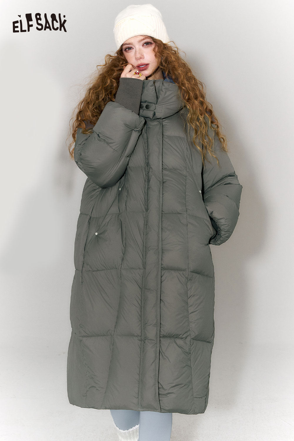 ELFSACK Minimalist Classic Solid Long Hooded Puffy Down Coat