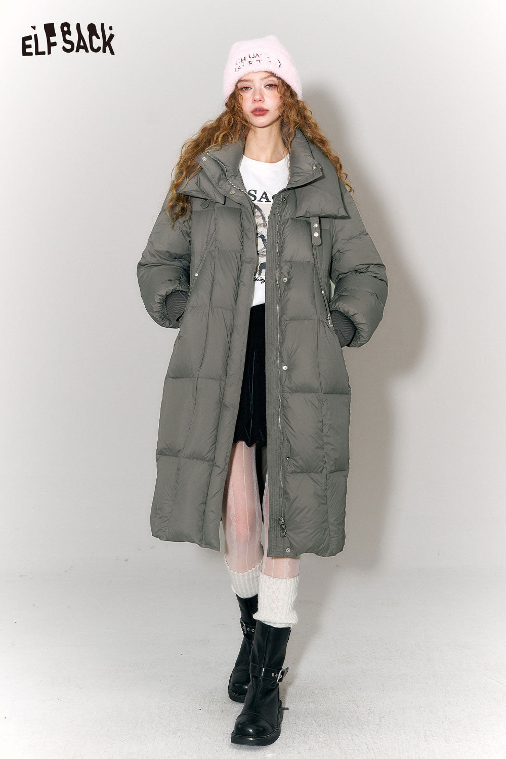 ELFSACK Minimalist Classic Solid Long Hooded Puffy Down Coat