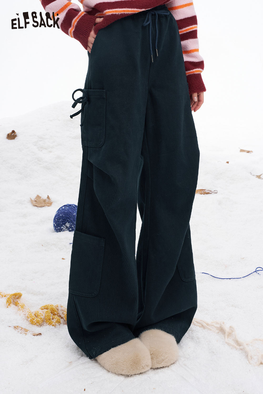 ELFSACK Soft Loose Drawstring Straight Floor Length Pants Cargo Pants