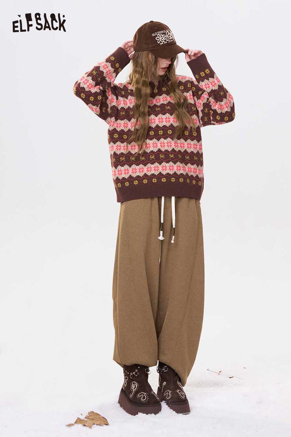 ELFSACK Casual Solid Loose Straight Drawstring Floor Length Sweatpants