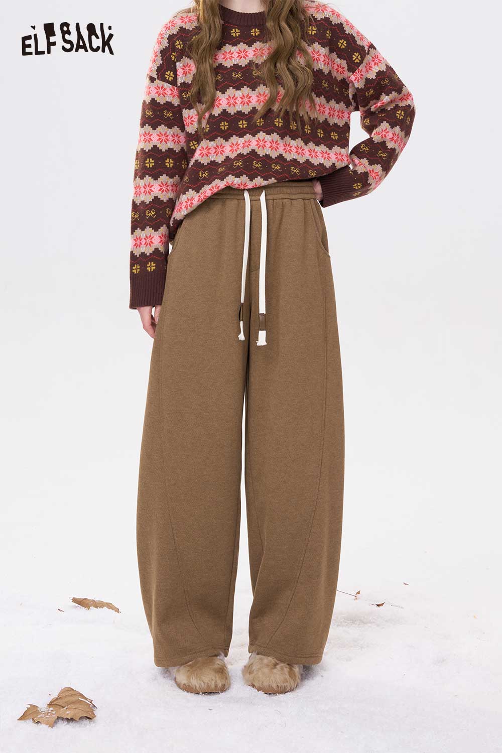 ELFSACK Casual Solid Loose Straight Drawstring Floor Length Sweatpants