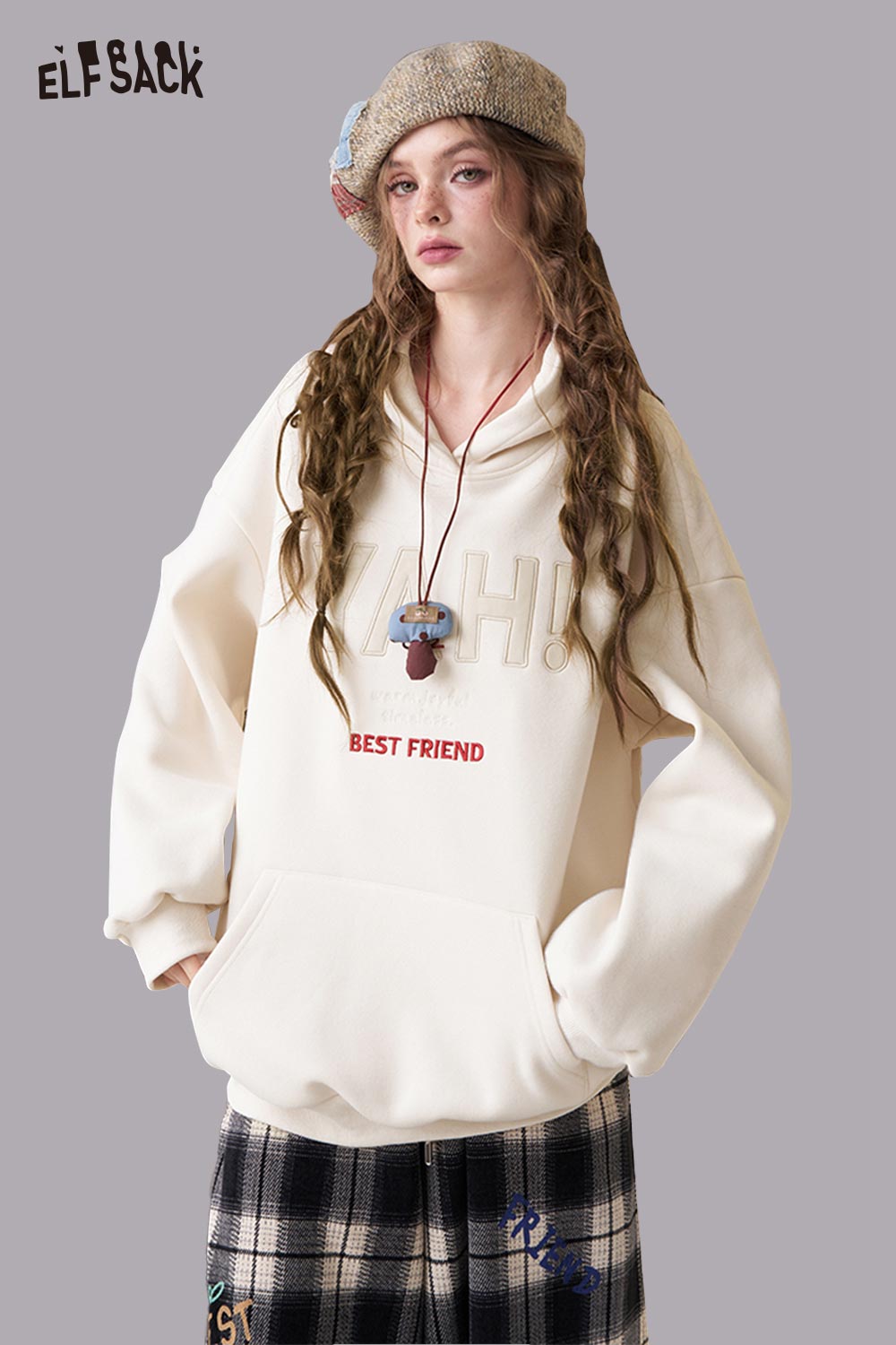 ELFSACK Soft Cotton Logo Lettering Loose Fit Hooded Sweatshirt