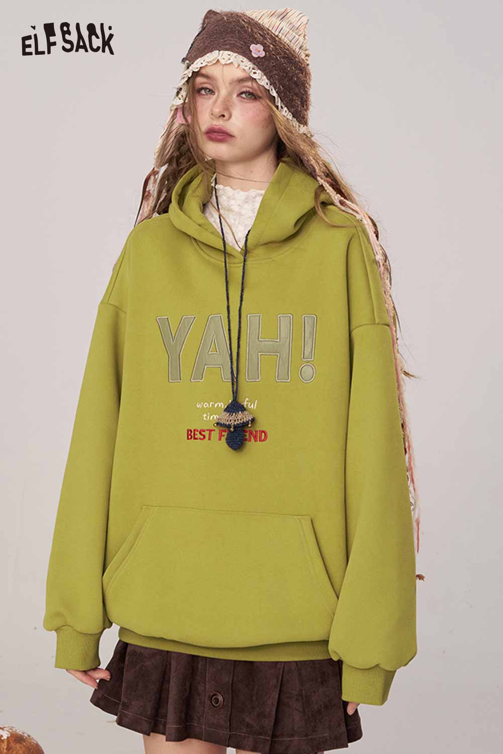 ELFSACK Soft Cotton Logo Lettering Loose Fit Hooded Sweatshirt