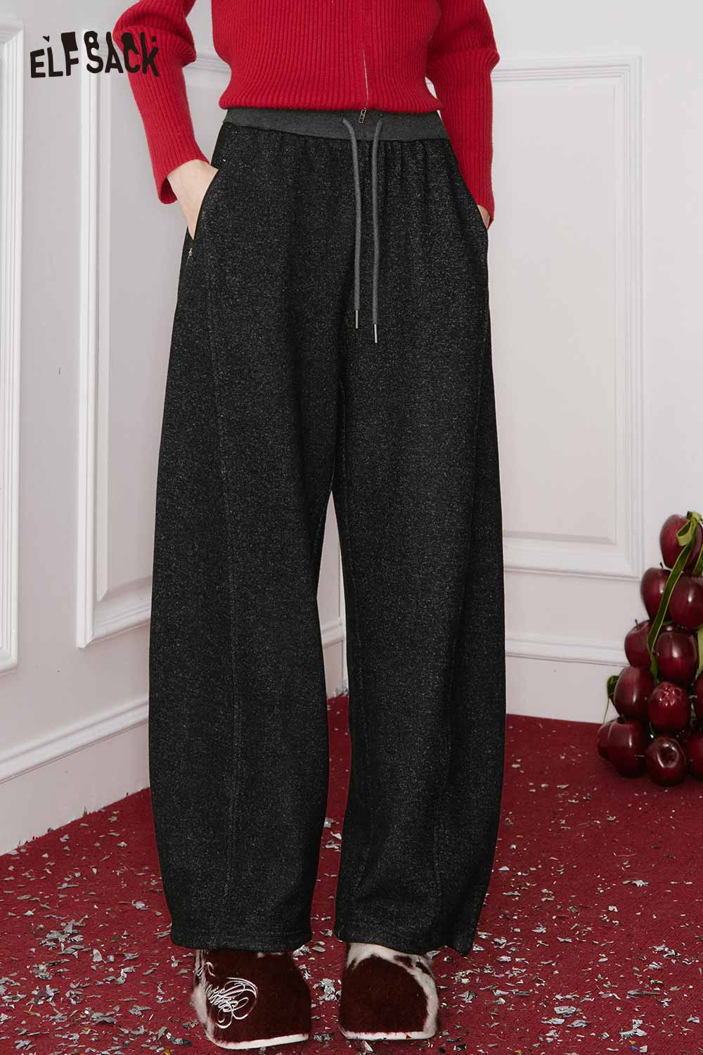 ELFSACK Casual Loose Minimalist Solid Draped Wide Leg Scimitar Pants
