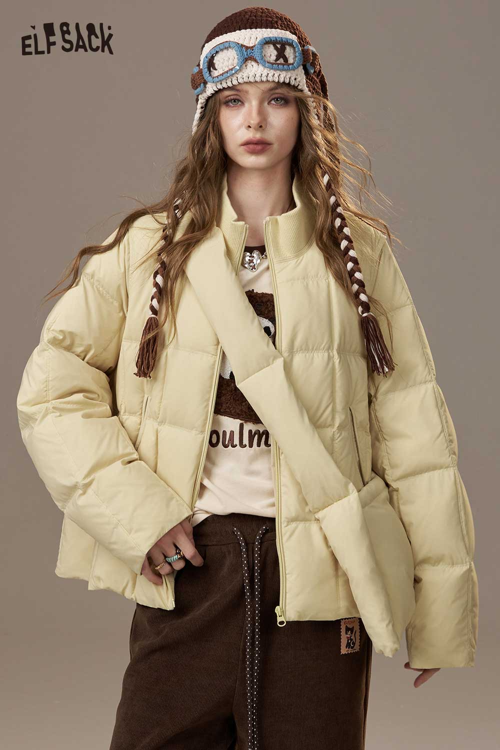ELFSACK Nylon Cloud Quilted Design Solid Color Puffer Jacket