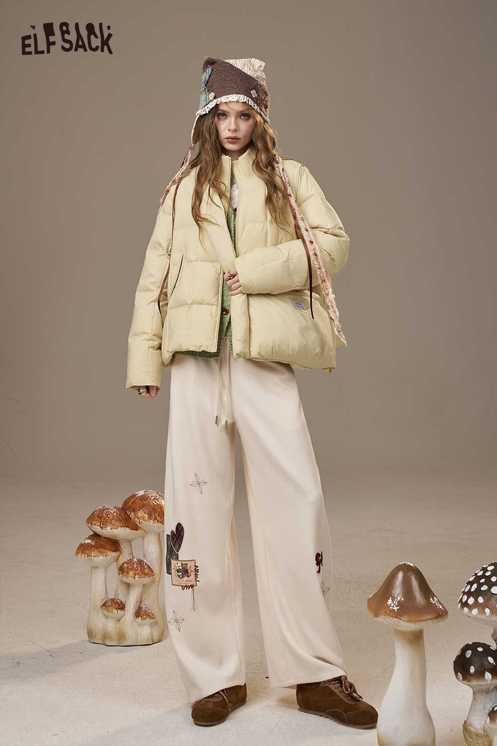 ELFSACK Nylon Cloud Quilted Design Solid Color Puffer Jacket