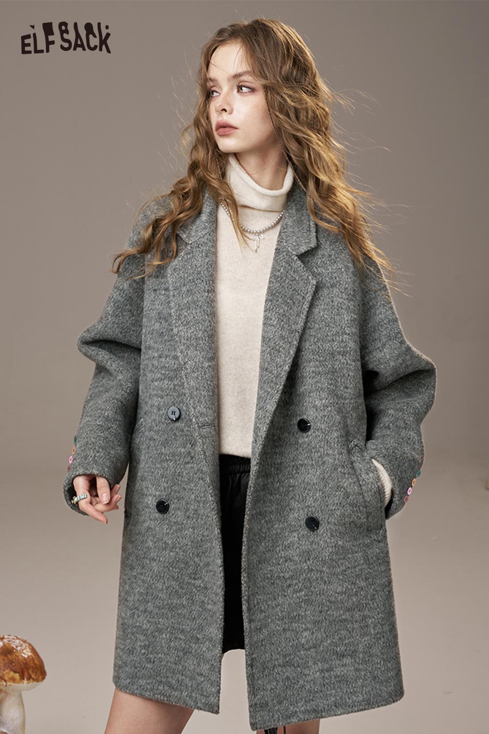 ELFSACK Wool Blend Blazer Style Design Oversize Coat