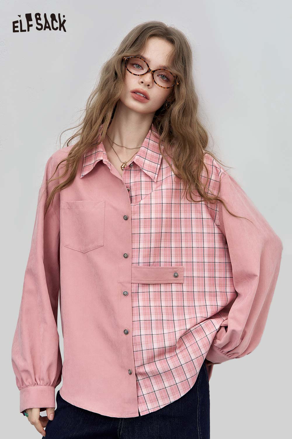 ELFSACK Cotton Blend Contrast Panel Shirt Drop Shoulder Oversized Fit