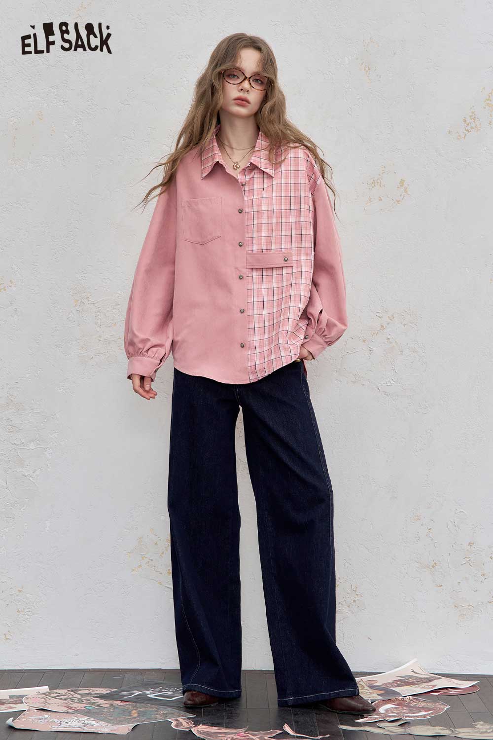 ELFSACK Cotton Blend Contrast Panel Shirt Drop Shoulder Oversized Fit
