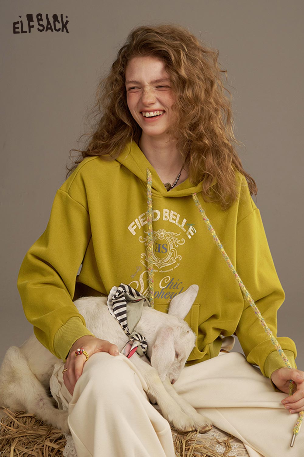 ELFSACK Soft Large Area Print Long Drawstring Hooded Hoodie