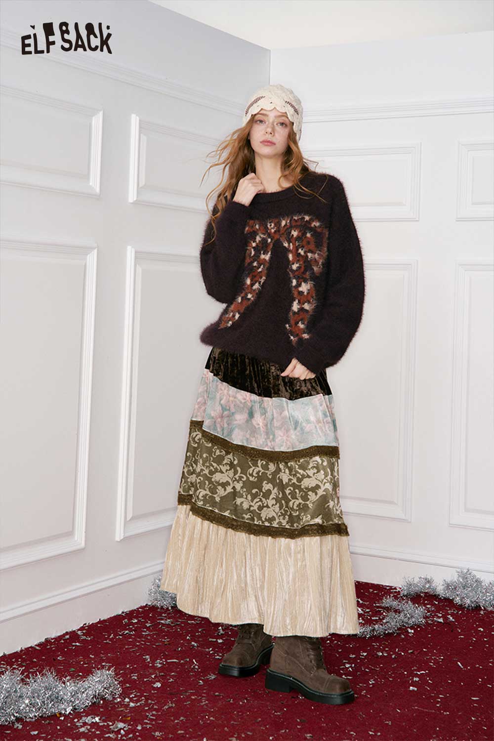 ELFSACK Design Pattern Section Patchwork Long Skirt