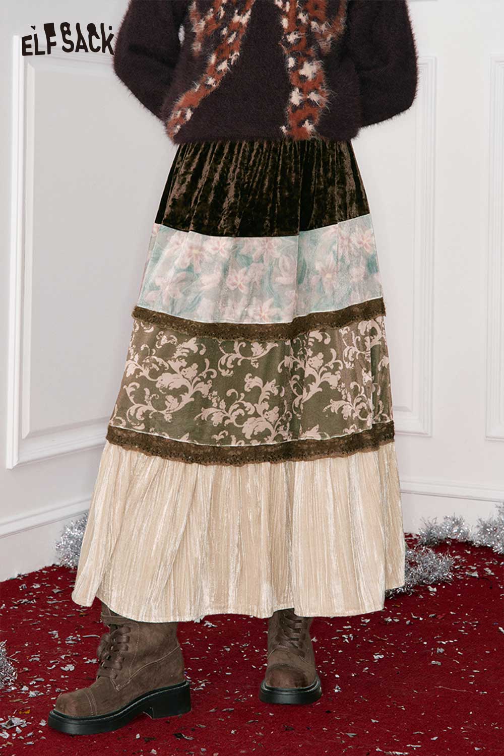 ELFSACK Design Pattern Section Patchwork Long Skirt