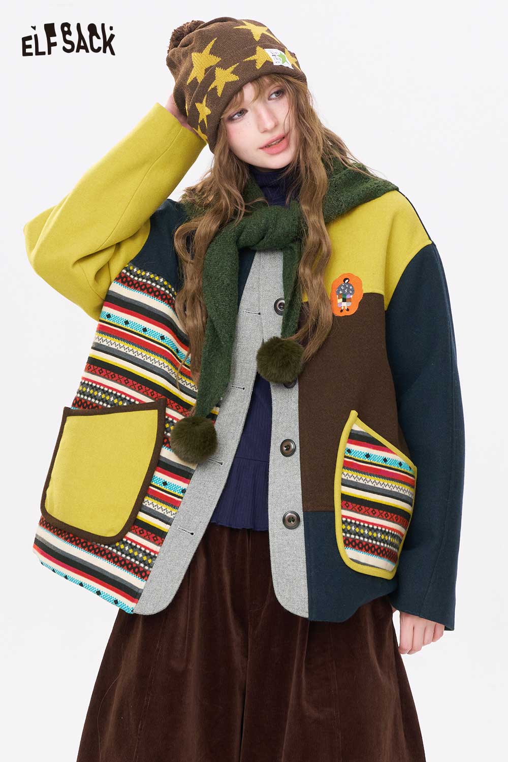 ELFSACK Loose Pattern Patchwork Stripe Contrast Sleeve Round Neck Coat