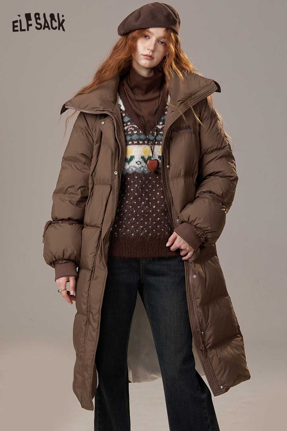 ELFSACK Nylon Lapel Collar Letter Embroidery Loose Fit Long Down Coat
