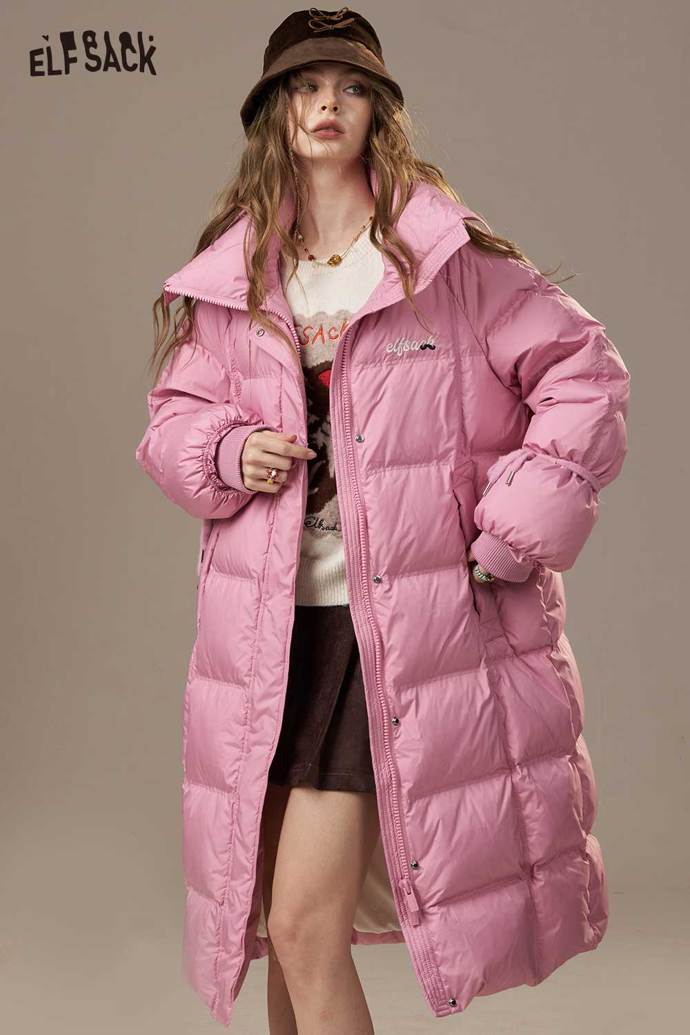ELFSACK Nylon Lapel Collar Letter Embroidery Loose Fit Long Down Coat