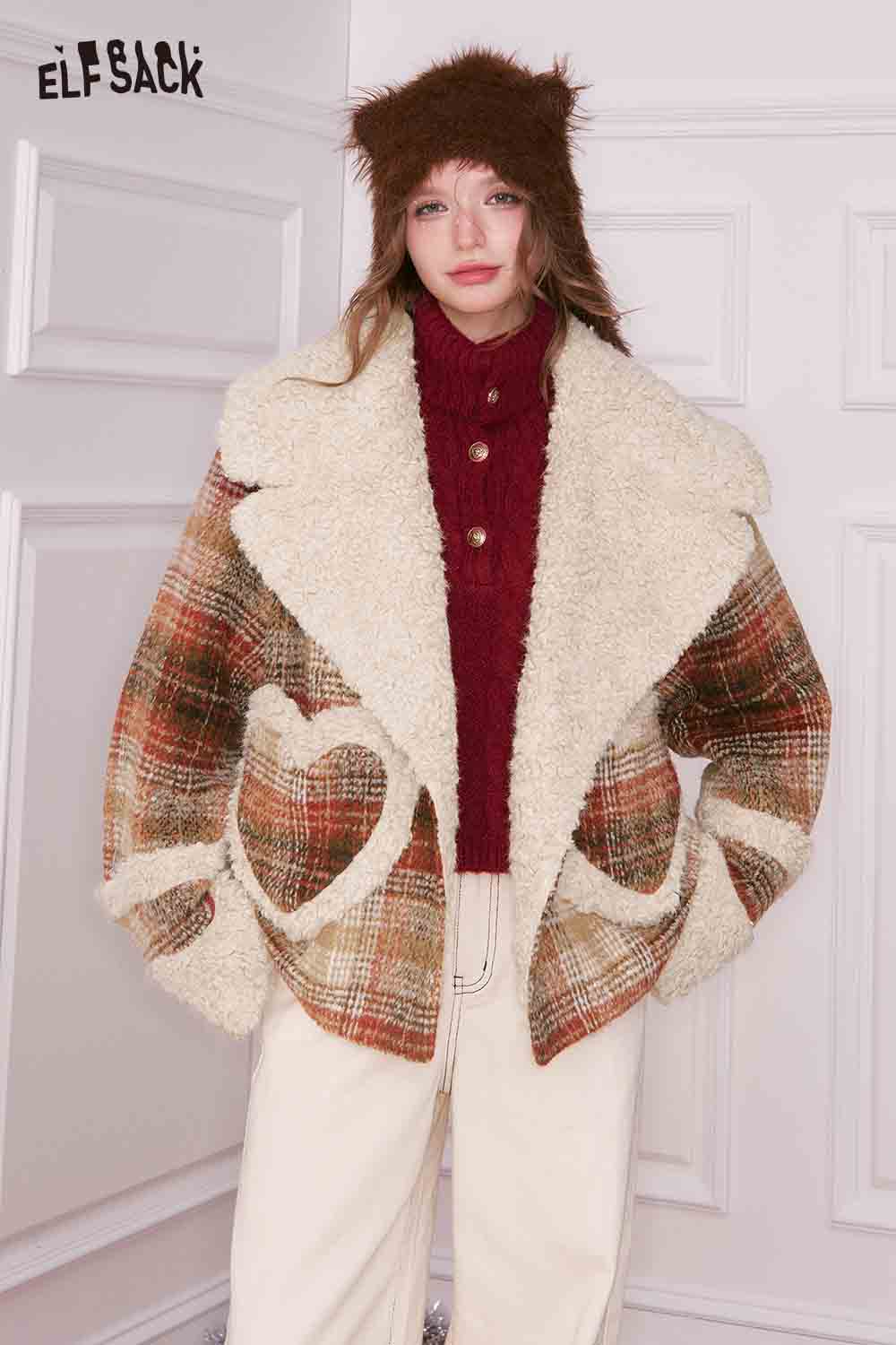 ELFSACK Casual Plaid Plush Collar Heart Pocket Faux Wool Jacket