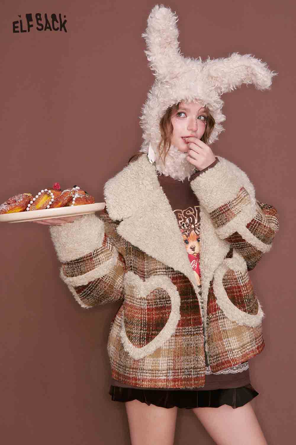 ELFSACK Casual Plaid Plush Collar Heart Pocket Faux Wool Jacket