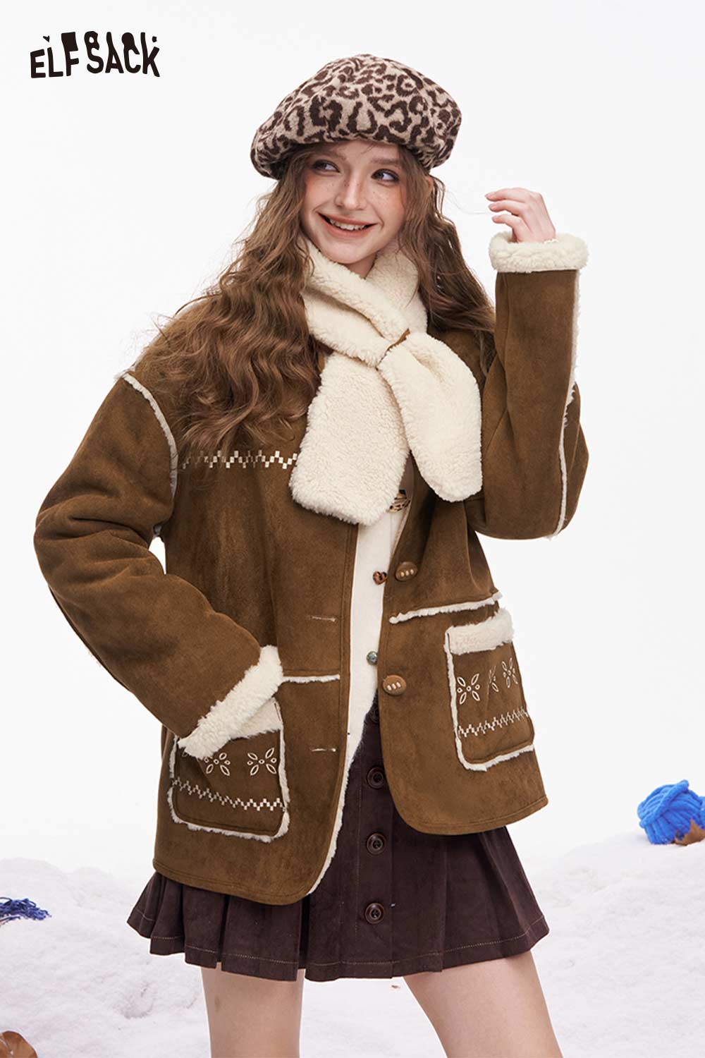 ELFSACK Classic Solid Line Plush Button Coat