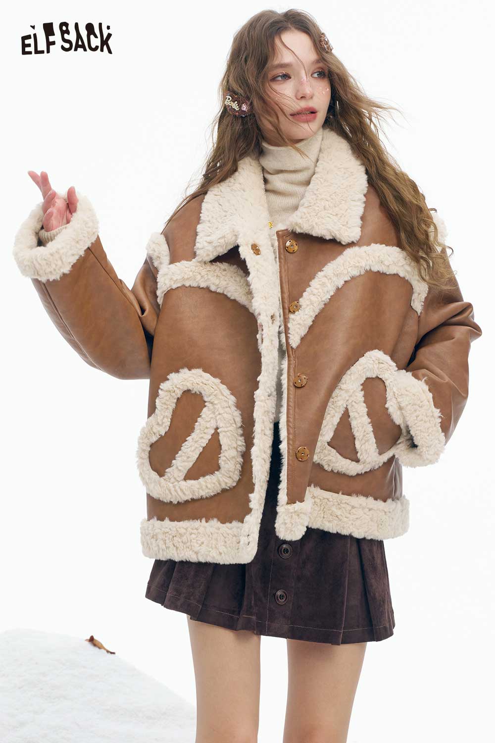 ELFSACK Soft Loose Plush Lapel 3D Heart Pocket Solid Coat