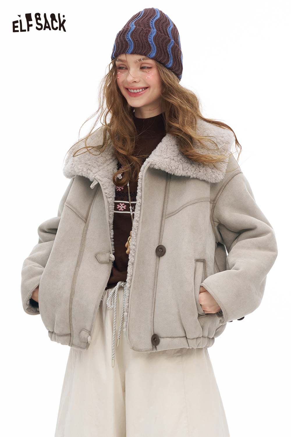 ELFSACK Soft Solid Single Breasted Plush Lined Plush Lapel Short Coat
