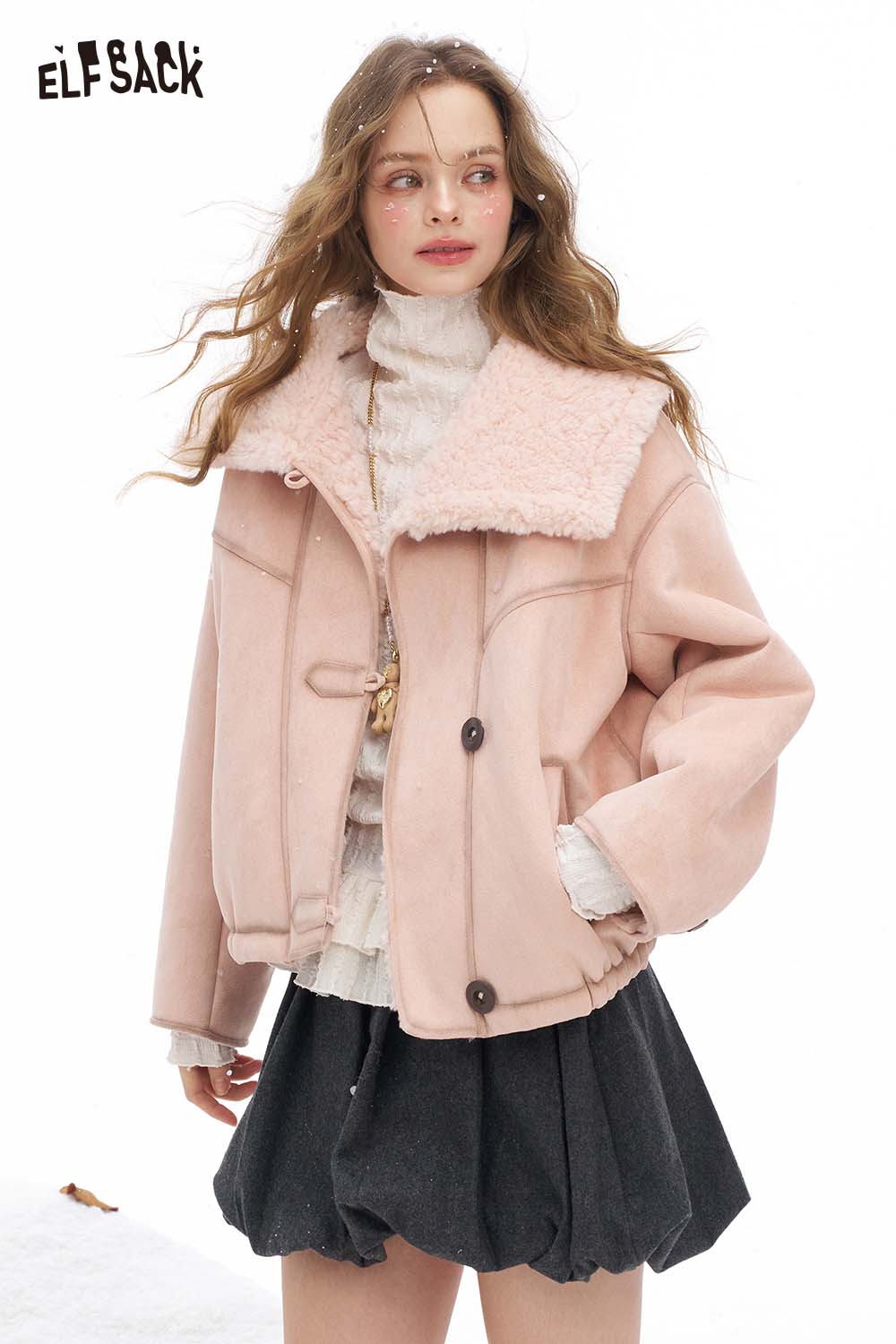 ELFSACK Soft Solid Single Breasted Plush Lined Plush Lapel Short Coat