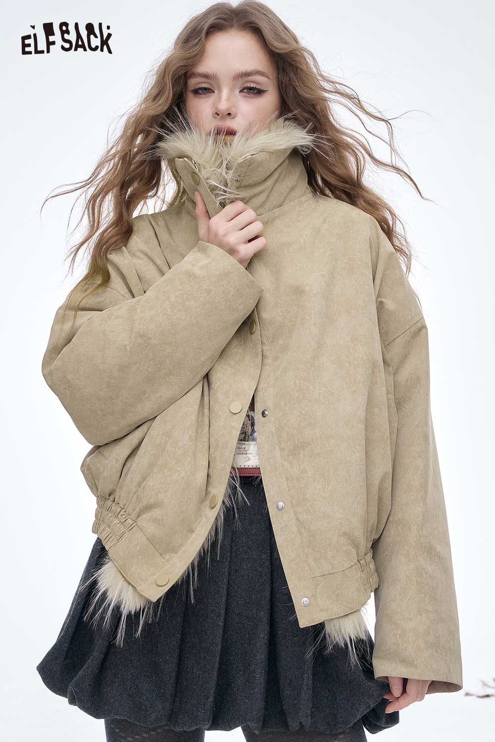 ELFSACK Soft Solid Plush Lining Convertible Collar Down Jacket