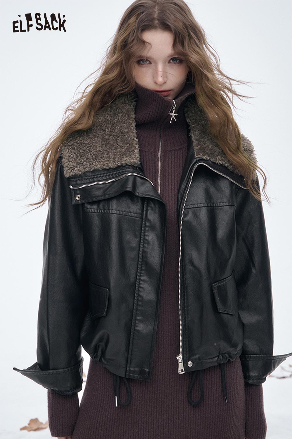 ELFSACK Light Plush Lining Lapel Leather Jacket