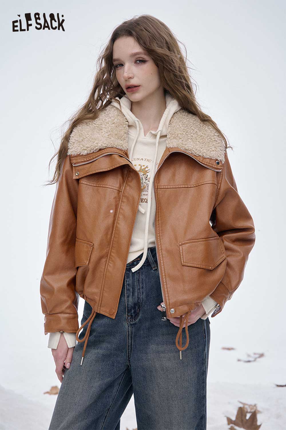 ELFSACK Light Plush Lining Lapel Leather Jacket
