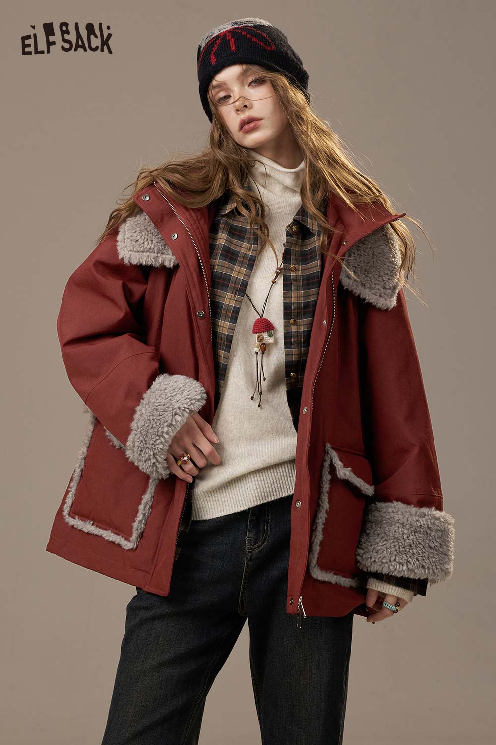 ELFSACK Soft Loose Fit Plush Panel Lapel Collar Short Coat