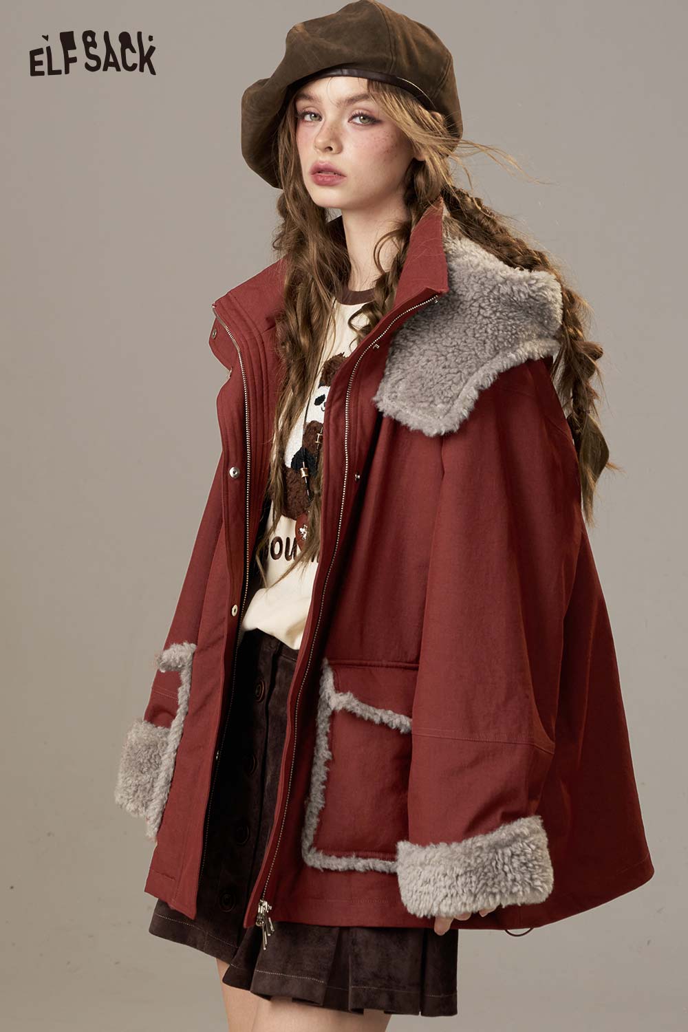 ELFSACK Soft Loose Fit Plush Panel Lapel Collar Short Coat