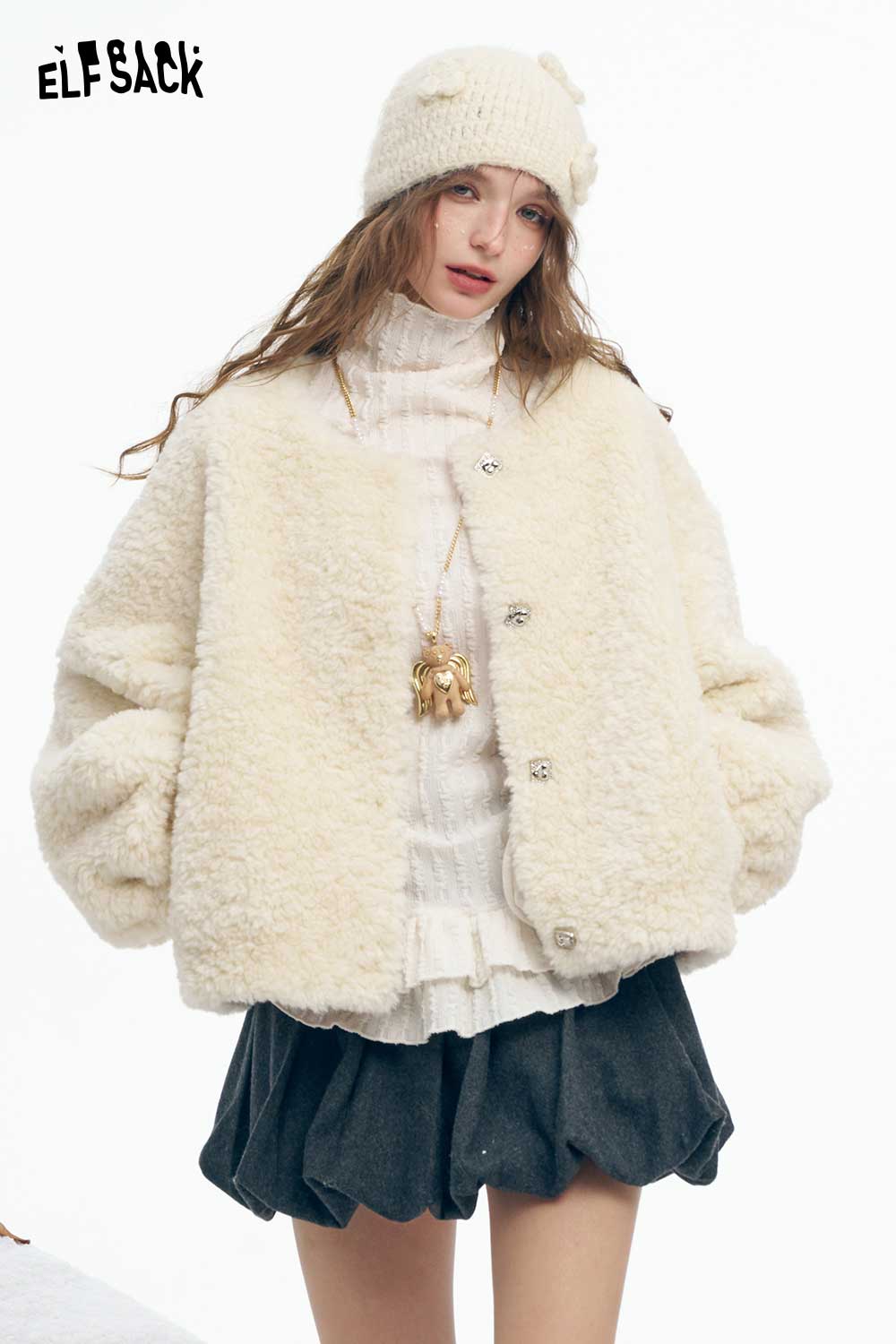 ELFSACK Soft Basic Solid Single Breasted Round Neck Plush Coat