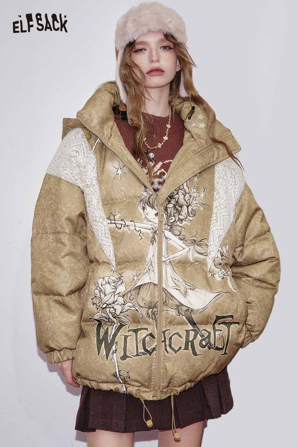 ELFSACK Warm Printed Quilted Polyester Hooded Down Jacket