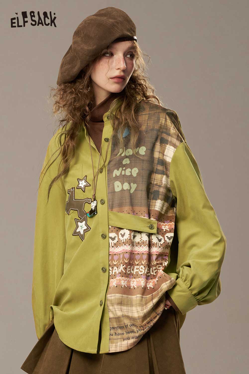 ELFSACK Soft Piecemeal Design Large Area Print Lantern Sleeves Collared Shirt