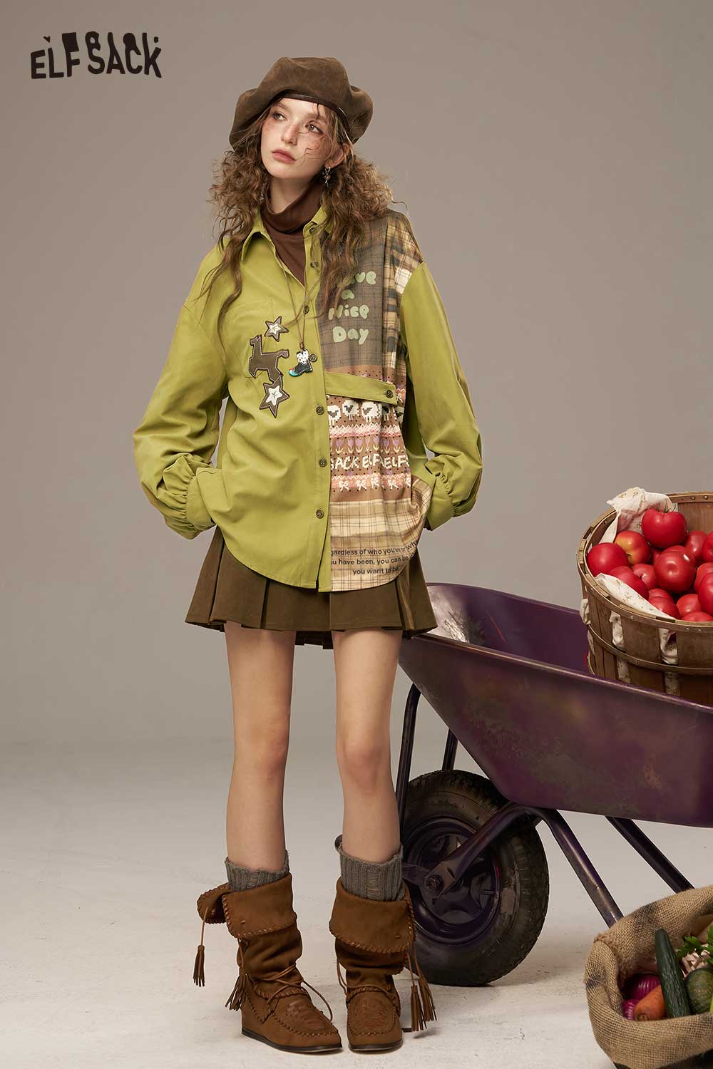 ELFSACK Soft Piecemeal Design Large Area Print Lantern Sleeves Collared Shirt