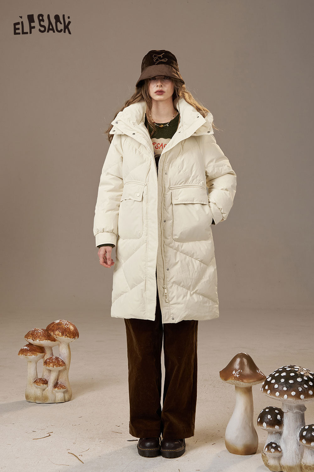ELFSACK Nylon Cloud Quilted Design Solid Color Puffer Coats