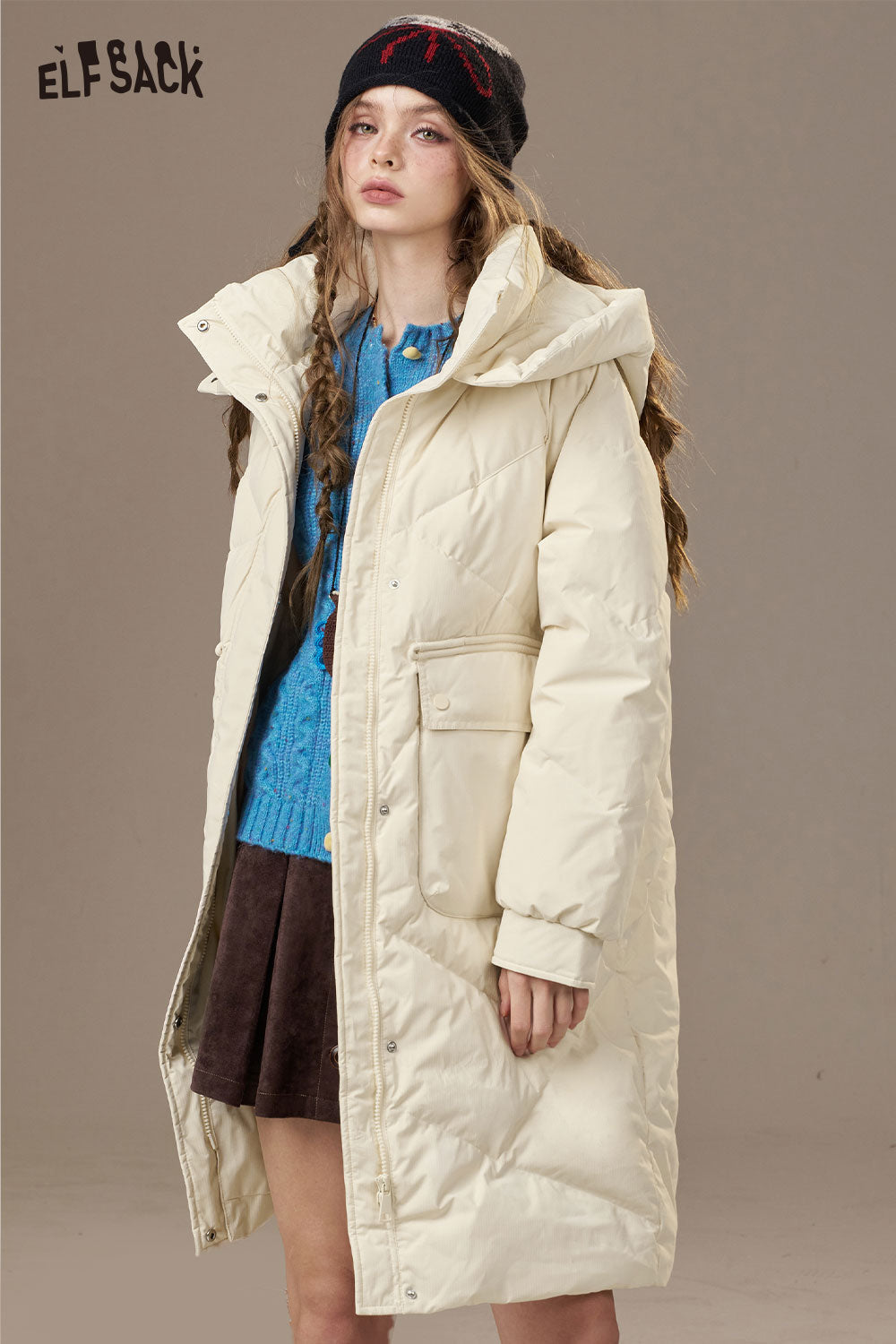 ELFSACK Nylon Cloud Quilted Design Solid Color Puffer Coats