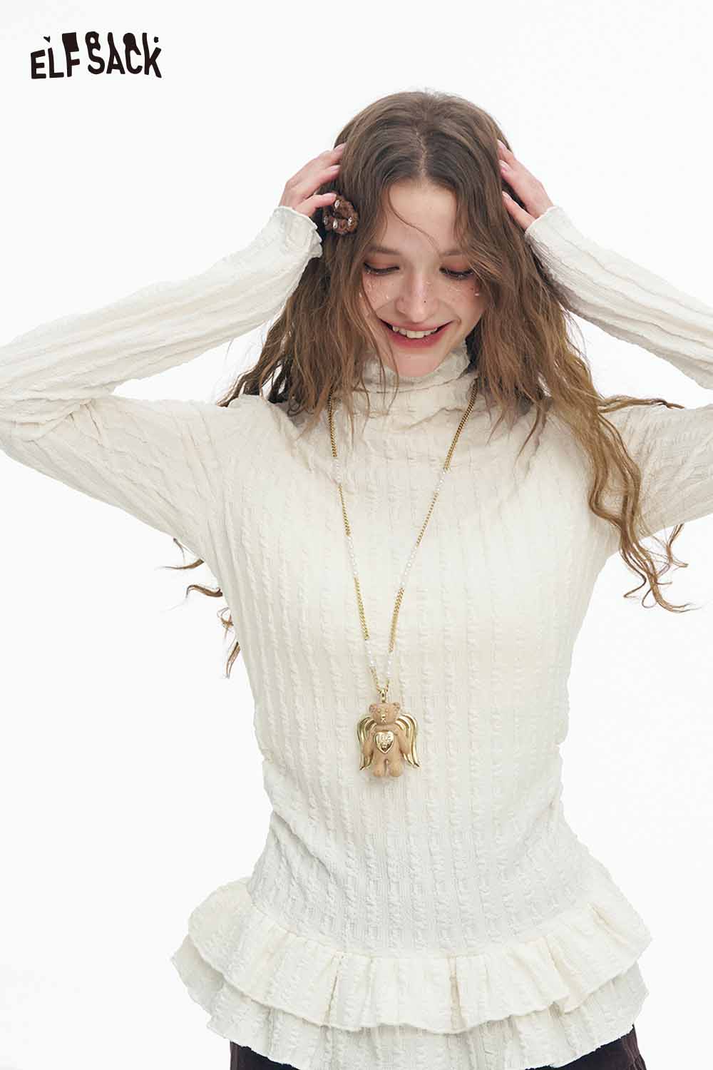 ELFSACK Light Slimming Solid Ruffle High Neck Long Sleeve Tshirt