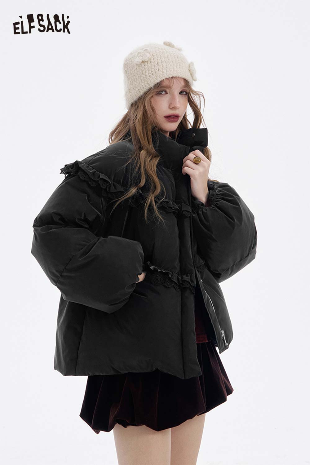 ELFSACK Soft Solid Ruffle Strand Collar Puffer Down Jacket