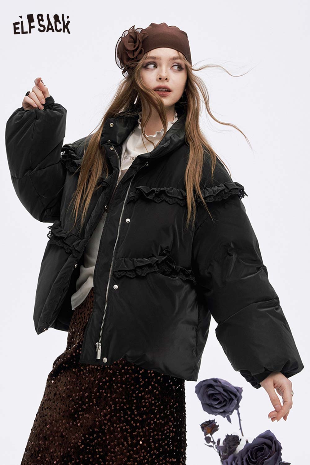 ELFSACK Soft Solid Ruffle Strand Collar Puffer Down Jacket